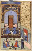 Ali She Nawat, Prince Bahram-i-Gor,dressed in blue,listen to the tale of the Princess of the Blue Pavilion